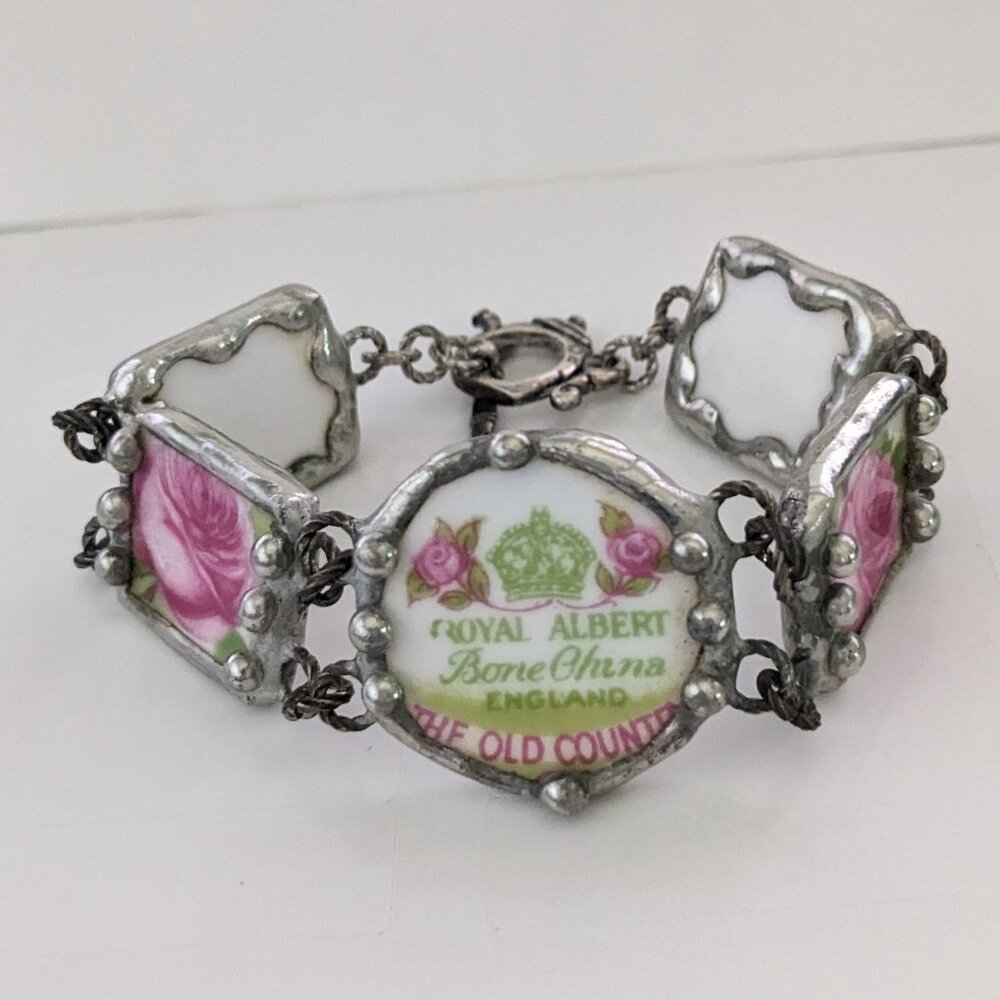 Artisan ROYAL ALBERT Pottery Shard Silver Tone Wrapped Panel Bracelet